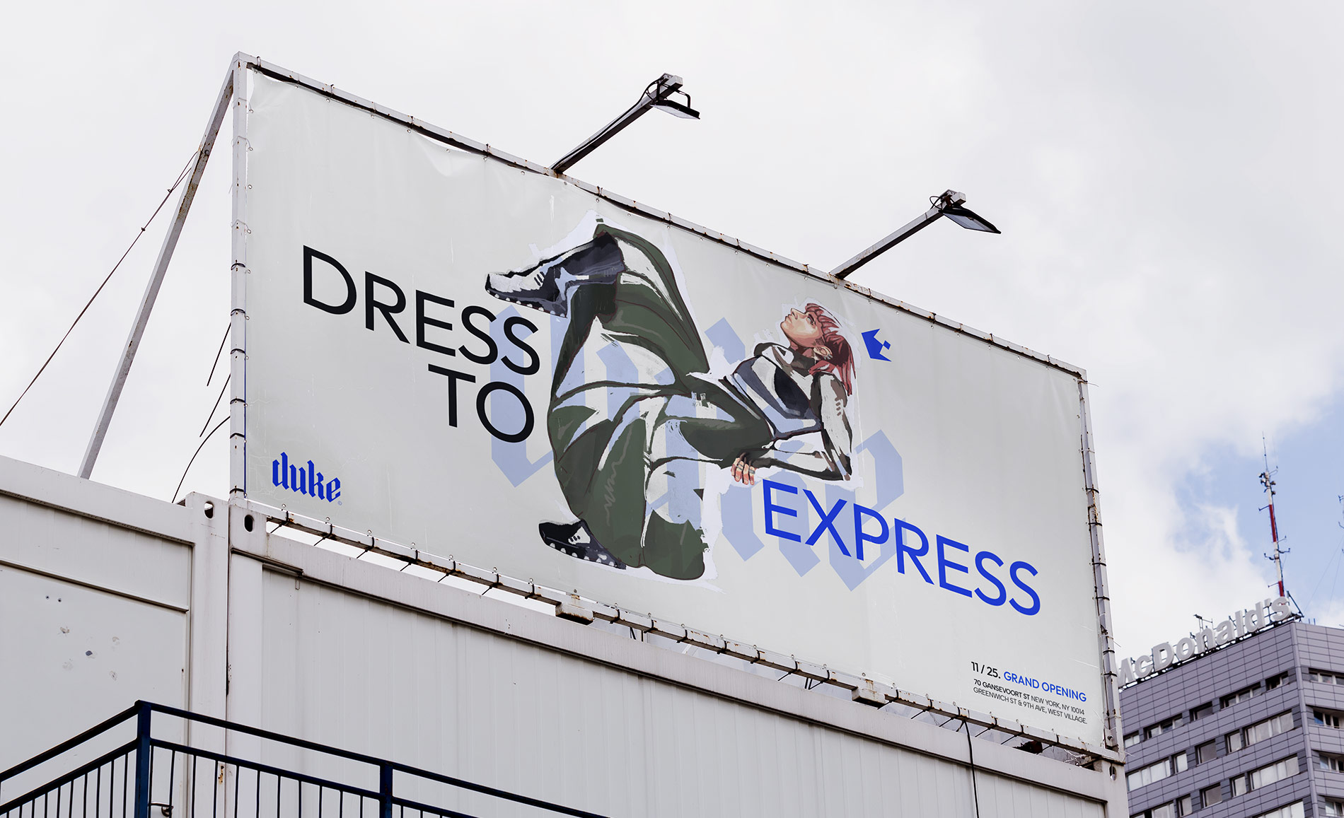 Duke Dress to Express promotional illustrated billboard.